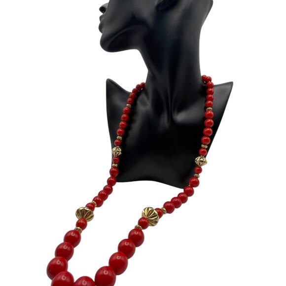 **Beaded Necklace Textured Gold Tone And Red Beads 30" - Picture 3 of 7